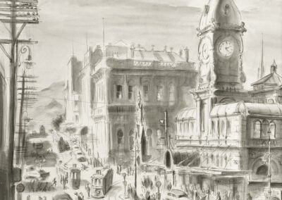 People and traffic around the 'Exchange' - a wash drawing by Ralph Miller c.1950.
