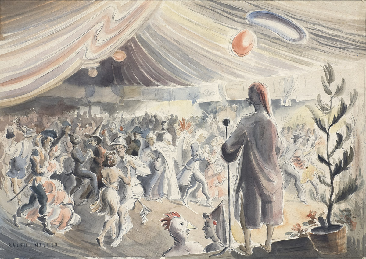 'Fancy dress ball' a wash drawing by Ralph Miller of people in the Dunedin Town Hall c.1950