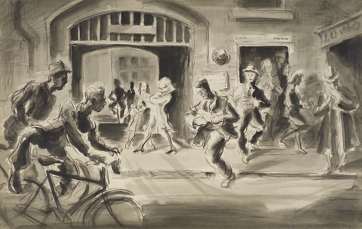 Conte and wash drawing by Ralph Miller of staff leaving Cadbury's factory Dunedin at the end of the day Titled 'Five o'clock whistle' c.1950