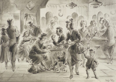 'Lunch hour' at the Vedic Cafe, Dunedin. A conte and wash drawing by Ralph Miller, c. 1950