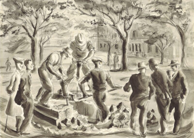 'Octagon demolition' - Workers removing an old monument in Dunedin in 1949. Conte and wash drawing by Ralph Miller.