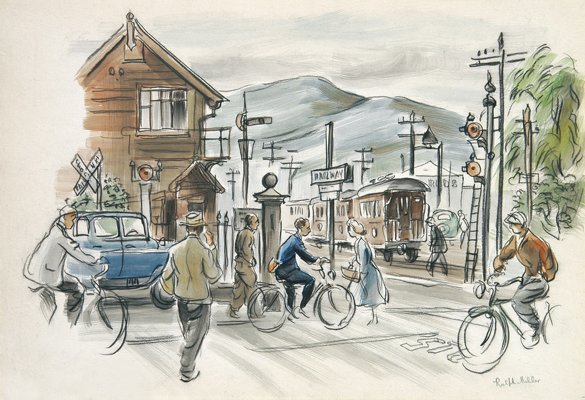 'Railway Crossing' Dunedin where the Chinese Gardens are today. Conte and wash drawing by Ralph Miller.