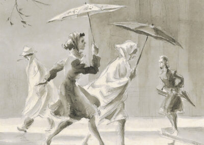 'Rainy Day' People running across the road with umbrellas in Dunedin. Wash drawing by Ralph Miller
