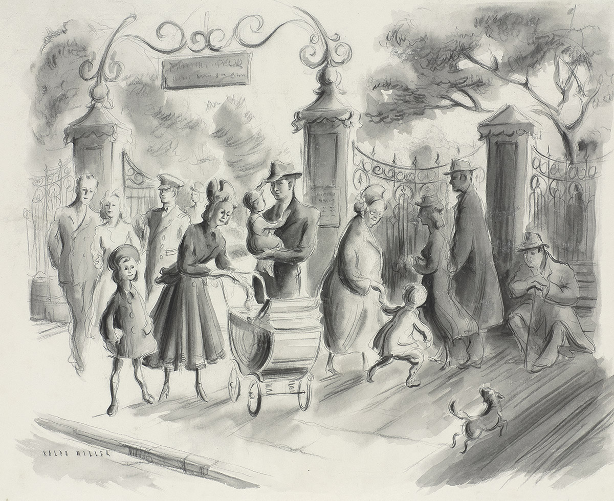 'Sunday Afternoon' people at the Botanical Gardens corner in Dunedin. A conte and wash drawing by Ralph Miller c.1950