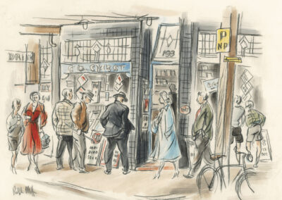 'Window Shopper' corner Manse and High Streets Dunedin. Conte wash drawing Ralph Miler.