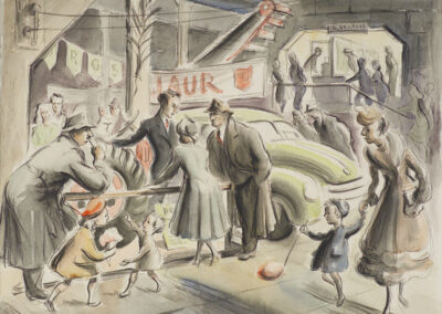 'Winter Show' people in the farming section. Watercolour and wash by Ralph Miller .c.1950