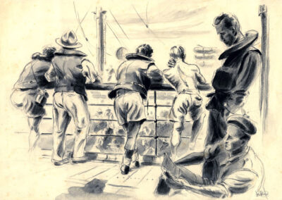 New Zealand soldiers on a transport ship in WW2 Pacific. Conte and wash drawing by Ralph Miller