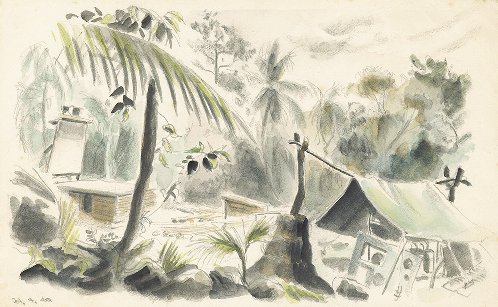 Picture Theatre in New Caledonia during WW2. Conte and wash drawing by Ralph Miller