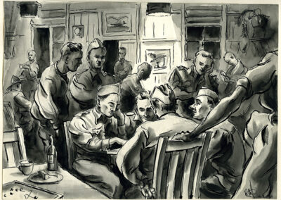 American sailors playing cards in Fiji during WW2 - pen and wash drawing by Ralph Miller