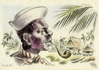 Portrait of a United States Navy sailor in New Caledonia during WW2 - conte and wash drawing by Ralph Miller