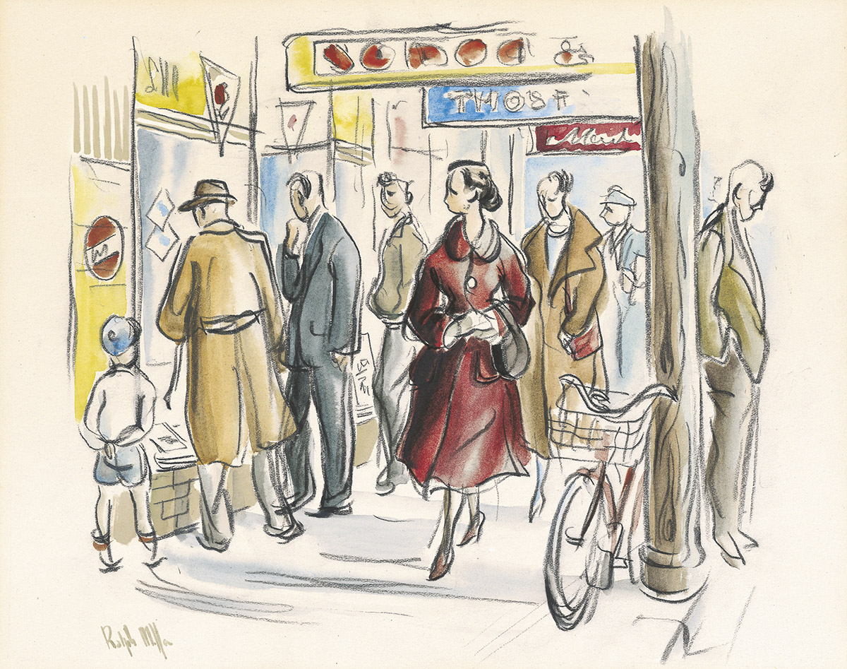 Dunedin street scene Titled 'Red Lady' drawn in conte and wash by Ralph Miller