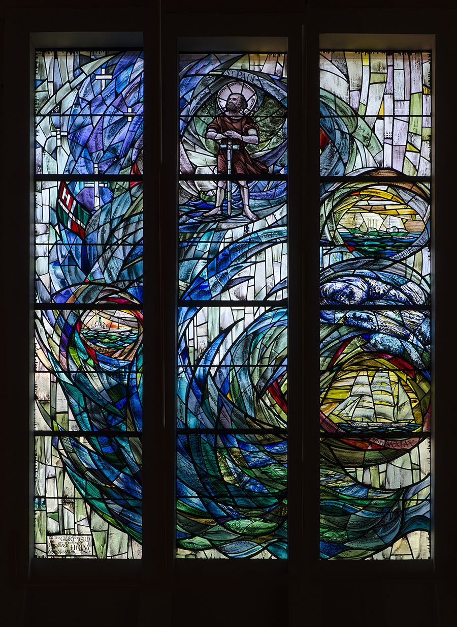 Wellington Cathedral of St Paul - BSB 002 - The 1970 Holm window - memorial to Ferdinand Holm founder of the Holm Shipping company. The first window designed by Beverley Shore Bennett - executed by Roy Miller