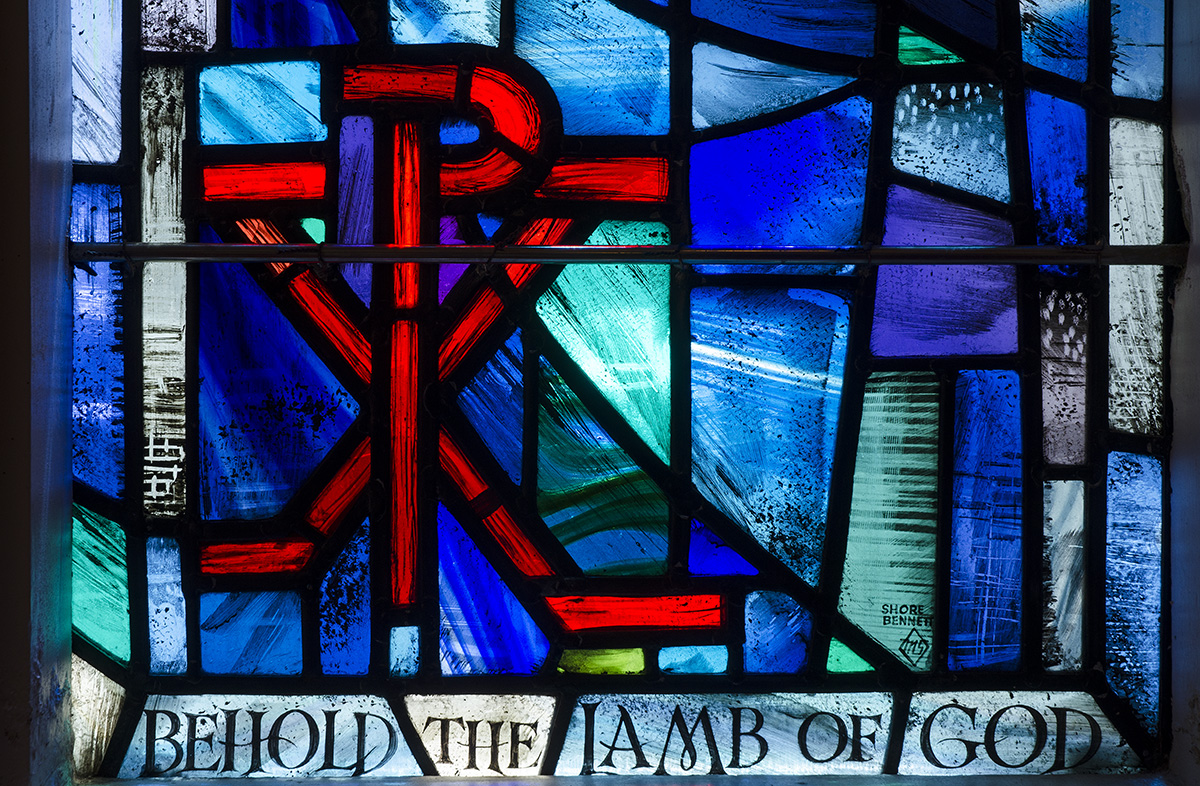 Wellington Cathedral of St Paul - BSB 006, 'Behold the lamb of God' ' - Designed by Beverley Shore Bennett, - Executed by Roy Miller 1971 -2 lights